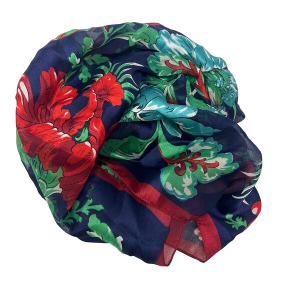 Floral Print Sheer Scarf Rectangular Navy Blue Red Green Lightweight 51x10 Inche - Picture 2 of 4